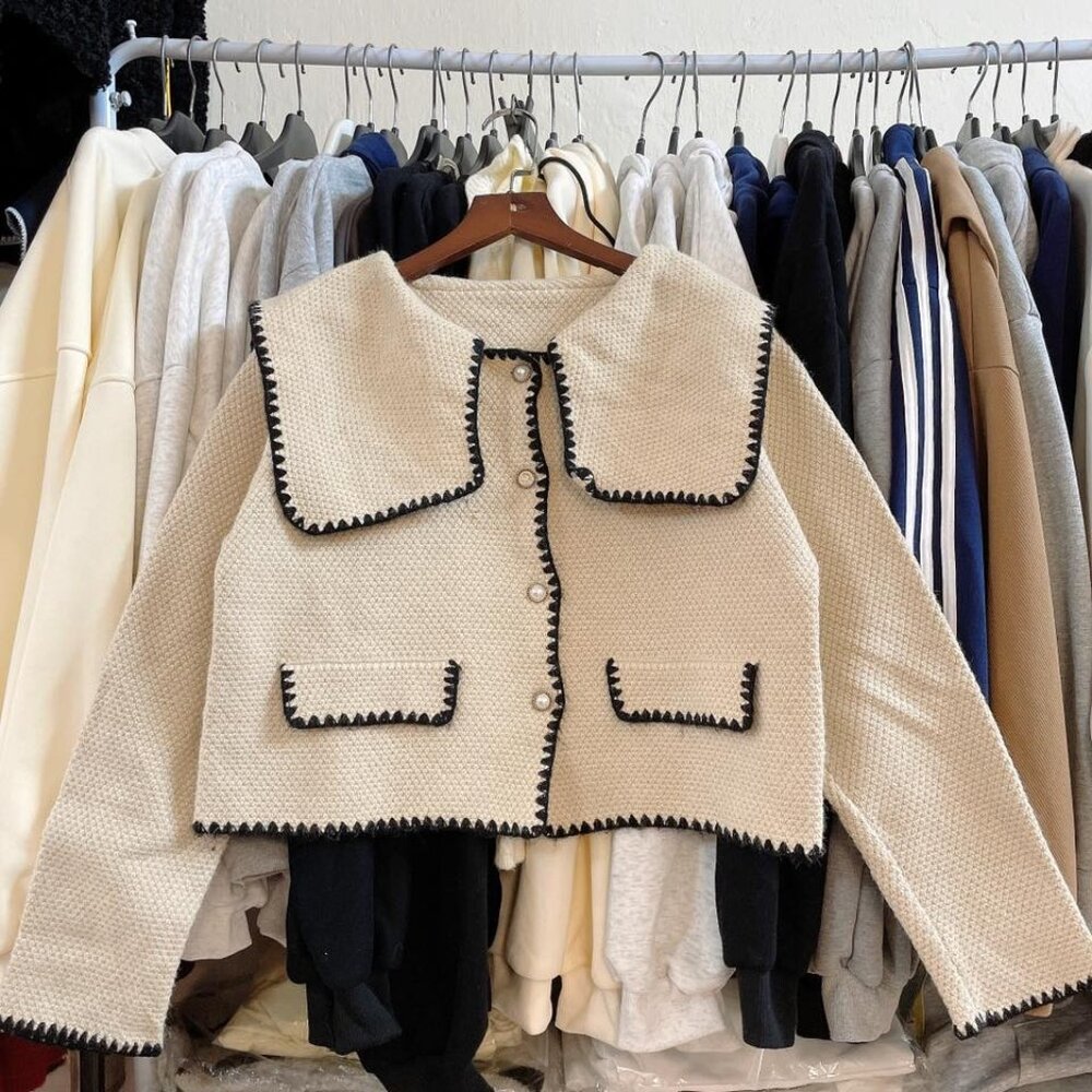 Chic Tweed Cardigan Black Trim Contrast Stitch Jacket